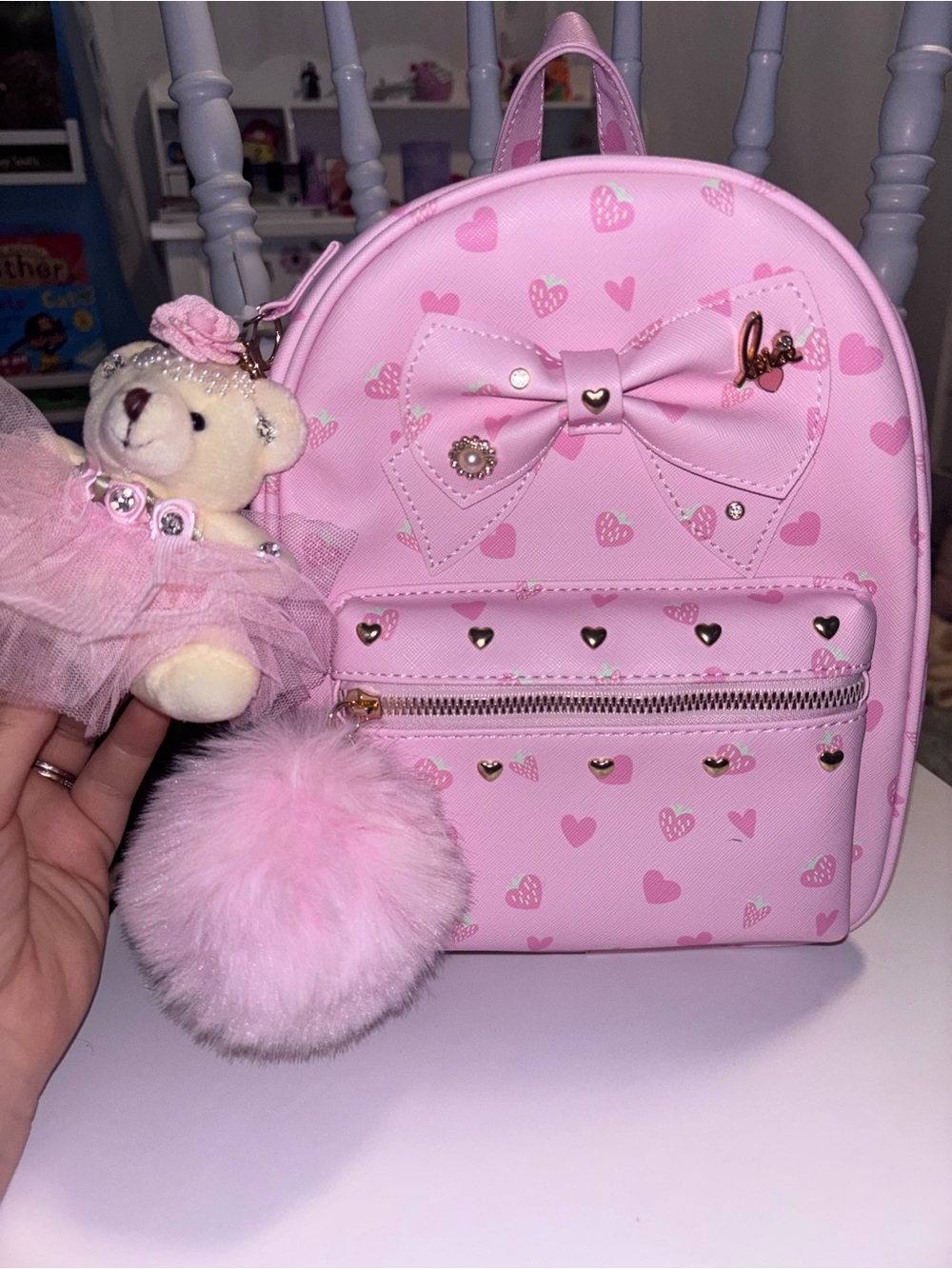 Source Unknown Pink Heart Mini Backpack with Bow, Teddy and Pom Charm